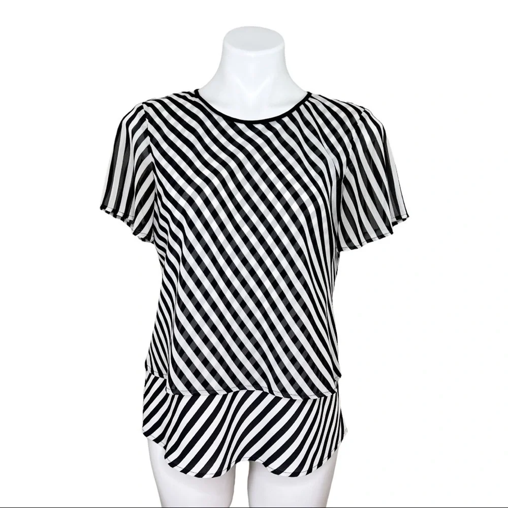 Vince Camuto Womens Black & White Striped Popover Top Blouse Size Small